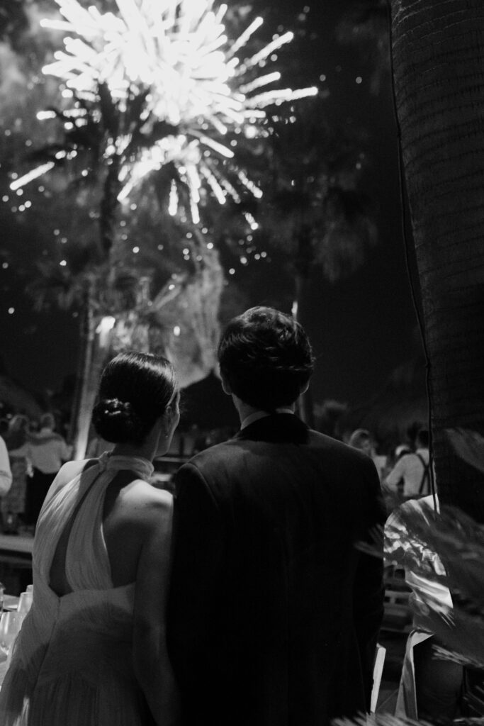 Los novios mirando los fuegos artificiales